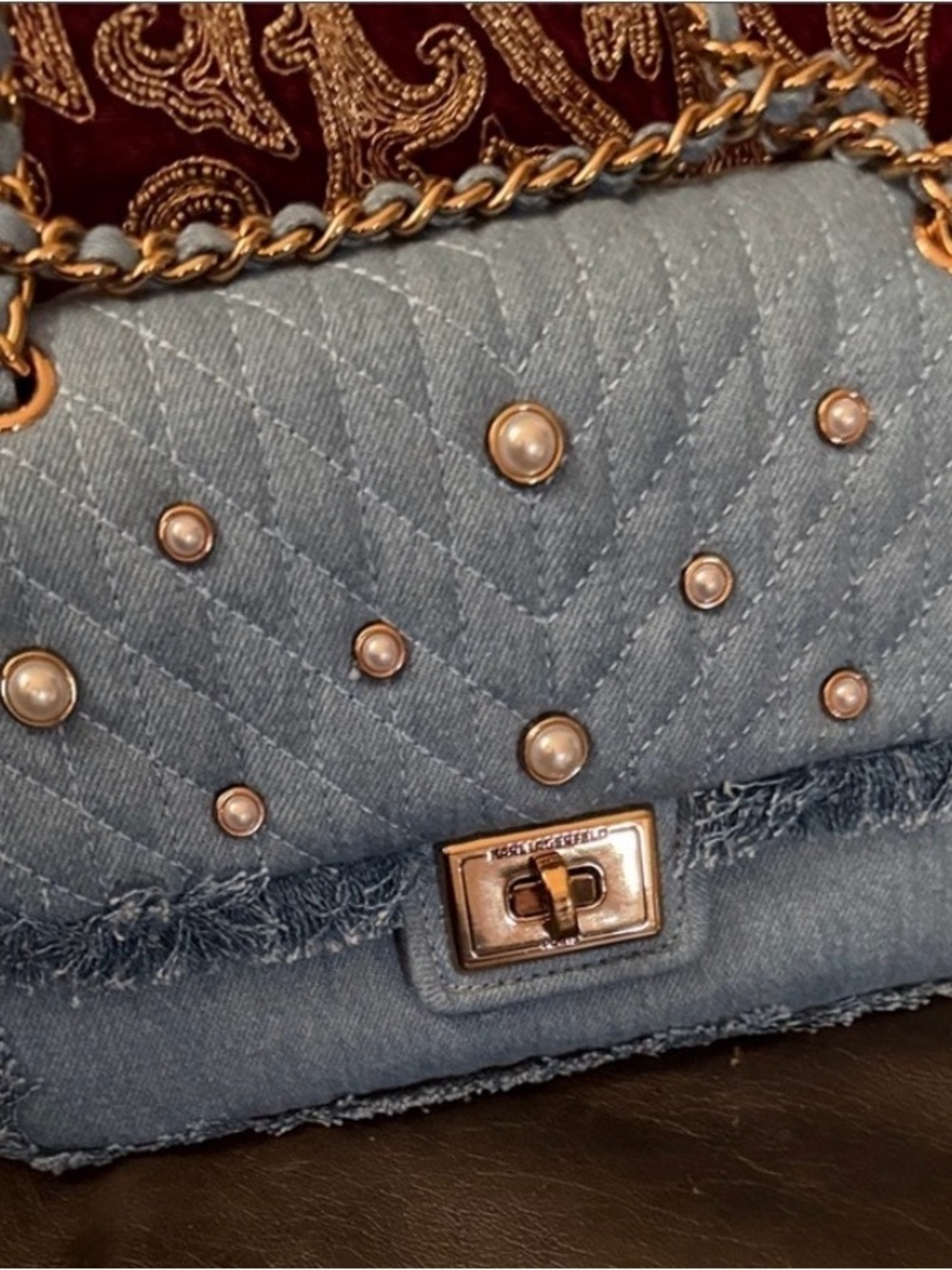 Karl Lagerfield Paris Agyness Quilted Denim Pearl-Stud Shoulder Bag - Blue - Picture 2 of 4
